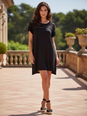 Hayden Los Angeles Black Lace Yoke Neckline Basic T-Shirt Lounge Dress Casual